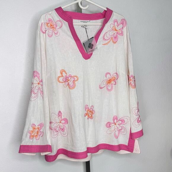 Linen Blend Embroidered Floral Top Blouse Boho Resort Plus Beach Size 1X - Picture 1 of 7